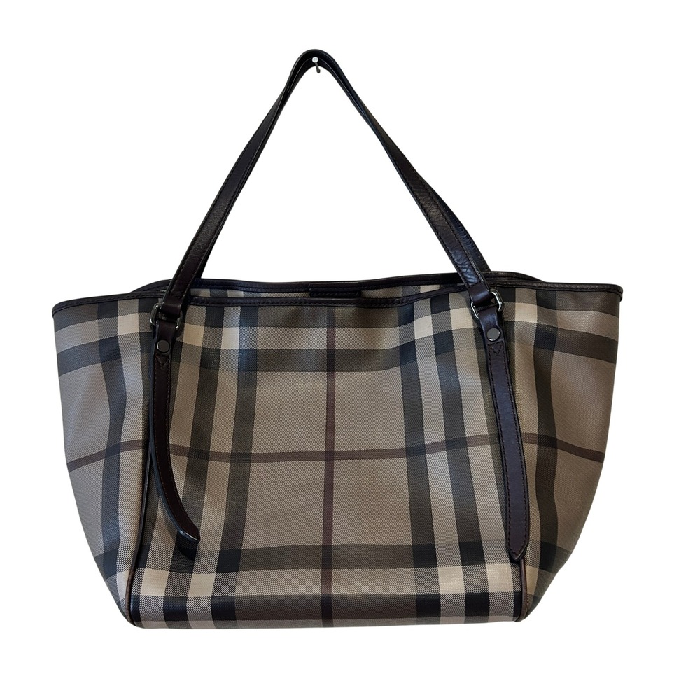 Burberry Tote Bag Smoke Brown Haymarket Check Coated Canvas Leather Trim Preppy
